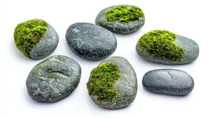 Set of small moss-covered river stones with scattered pebbles on white background.