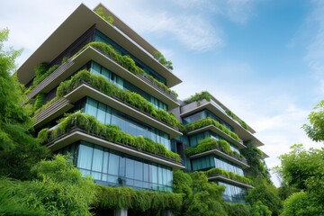 Obraz premium Exterior view of a modern building with green plants on balconies under blue sky