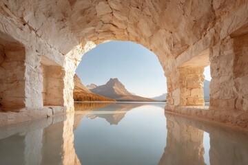 Fototapeta premium Ethereal Mountain Reflection Architectural Framing Reveals Mindful Landscape Experience for Wellness Travel and Sustainable Design Inspiration