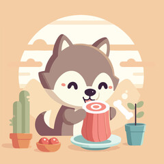vector image of cute wolf eating meat