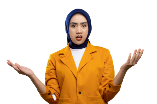 Confused Asian woman with raised hands isolated on transparent background