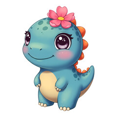 Obraz premium Cute baby dinosaur with flower on head and sparkling eyes