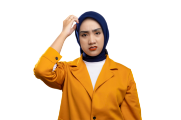 Frustrated Asian woman scratching head isolated on transparent background