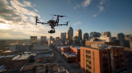Drone Flies Over City at Sunset