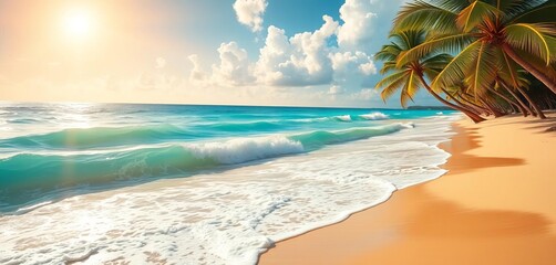 Sun-drenched turquoise ocean waves lapping a yellow sand beach fringed by lush coconut palms, getaway, polynesia
