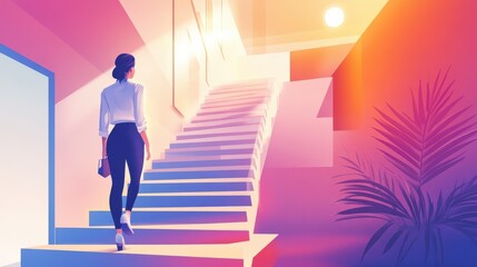 Road to success concept with businesswoman climbing the stairs in modern loft style hall illustration