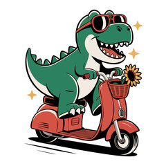 vintage cartoon illustration green dinosaur wearing sunglasses is riding a red scooter with a sunflower.