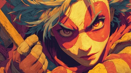 Close-up portrait of a stylized character with a weapon.