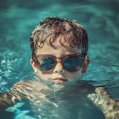Naklejka premium Boy in shades, chillin' in the pool.