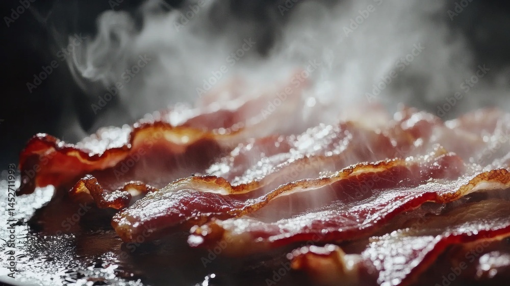 Poster a close-up shot of bacon sizzling in a frying pan, with steam rising and a soft focus on the backgro