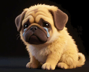 Crying Cartoon Pug Puppy with Sad Eyes