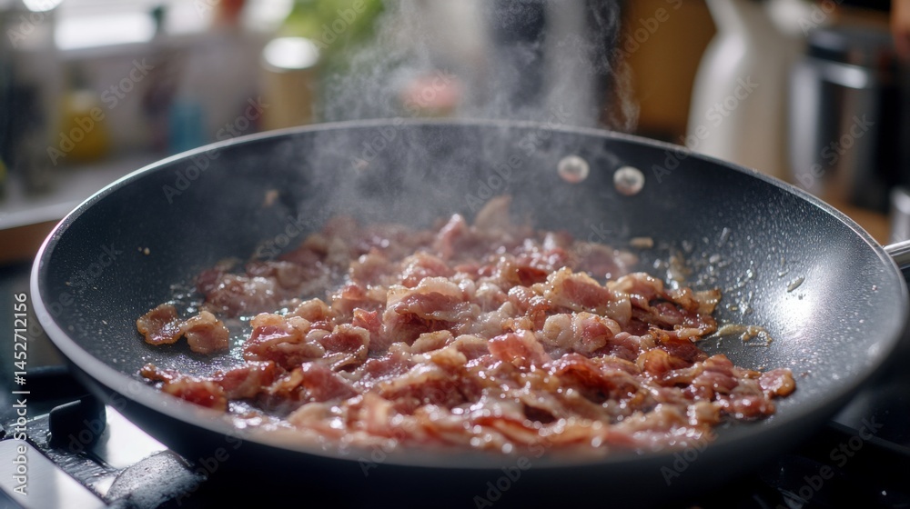 Poster a close-up shot of bacon sizzling in a frying pan, with steam rising and a soft focus on the backgro