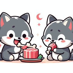 vector image of cute wolf eating meat