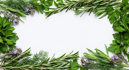 Border of rosemary and other green herbs on a white background with room for text. Generative AI.
