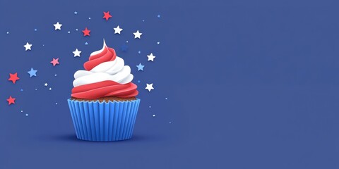 Patriotic cupcake with red, white, blue frosting on starry background. Use for 4th of July invitations, bakery ads, or holiday blogs.