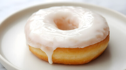 Perfectly Round Glazed Donut on Plate with Soft Frosting and Light Texture in Bright Background