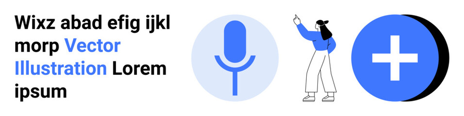 Microphone for voice activation, character illustrating interaction, and a plus icon for adding features. Ideal for software, technology, communication, updates, user interface, education simple