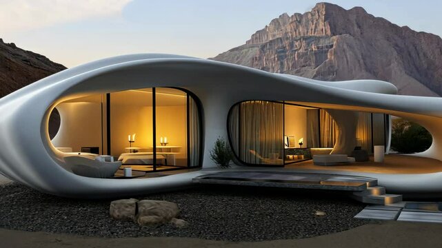 A futuristic 3D printed architecture luxury house with smooth, organic curves set in a desert landscape	