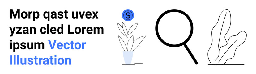 Magnifying glass near potted plant with dollar sign beside abstract leaves. Ideal for business analysis, growth, finance, eco-friendly ideas, sustainability, minimalism, or simple landing page