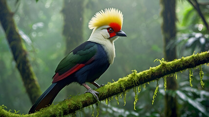 Fototapeta premium A regal white-crested turaco perched on a moss-covered branch in a misty rainforest