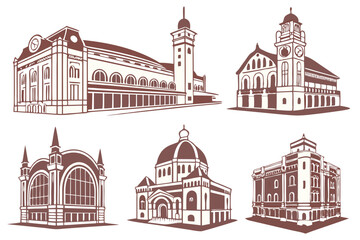 Obraz premium set of Railroad Station silhouette vector illustration