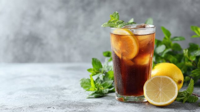 Glass of cold cola with lemon slices and fresh mint leaves, perfect for summer drink promotions, bar menus, and refreshment-themed branding