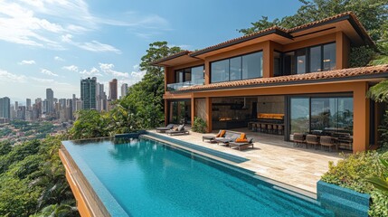 Fototapeta premium Luxurious hilltop villa with infinity pool overlooking city skyline vista