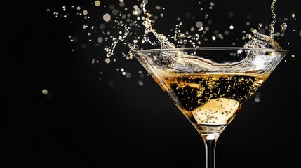 Martini glass with splashing liquid on a dark background.