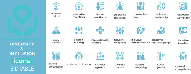 Diversity & inclusion vector set - equality icons, multicultural figures, and teamwork symbols for inclusive branding and HR materials.