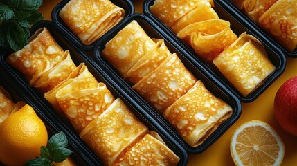 Rows of golden pastries in black containers with fruit on yellow background.