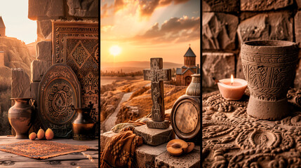Armenia collage: ancient churches, apricot fruits, traditional carpet patterns, khachkars (cross-stones), folk dances, warm earth and sunset colors