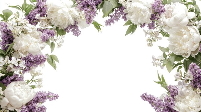 Set of wedding arches with white peonies and purple lilacs on a white background