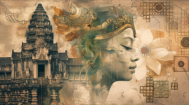 Cambodia collage: Angkor Wat, apsara dancers, traditional silk weaving, lotus flowers, Khmer architectural patterns, golden and green hues