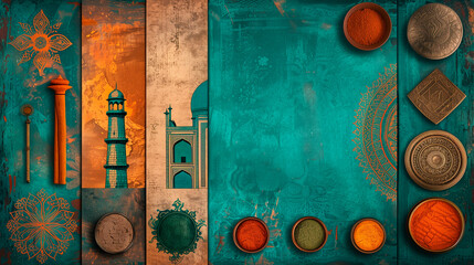 India collage: Taj Mahal, colorful sarees, henna designs, traditional rangoli patterns, spices, Bollywood dance, paisley and mandala motifs, vibrant saffron and turquoise colors