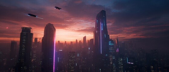 Fototapeta premium Futuristic cityscape at sunset with neon-lit skyscrapers, flying cars and epic cinematic atmosphere Generative AI
