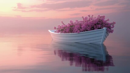 Boat filled with pink flowers floating on calm water during sunset