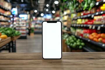 Blank White Screen Phone on Wood Tabletop with Blurry Supermarket Aisle View