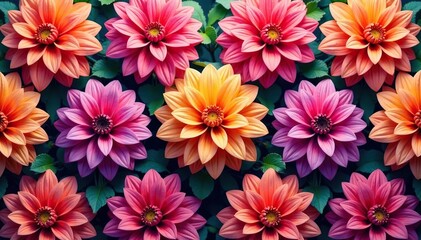 Intricate dahlia blooms, vibrant hues, repeating pattern, vintage, design, floral