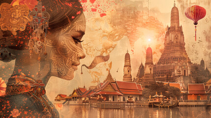 Thailand collage: golden temples, traditional Thai dancers, elephant motifs, intricate silk weaving patterns, floating lanterns, tropical flowers, vibrant gold and pink hues