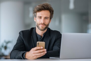 Man Uses Smartphone at Desk with Laptop