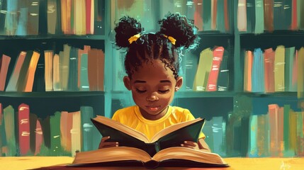 Little black girl learning to read learning the alphabet illustration