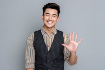 Smiling Man Shows Five Fingers