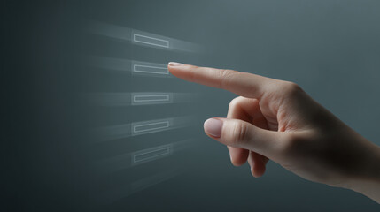 Close-up of a hand interacting with a digital interface, showing four translucent rectangular buttons, symbolizing selection, interaction, or online processes
