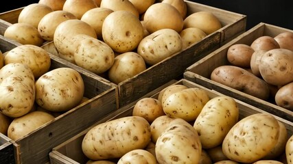 Colorful varieties of fresh potatoes are arranged neatly in wooden crates, showcasing their natural textures and colors