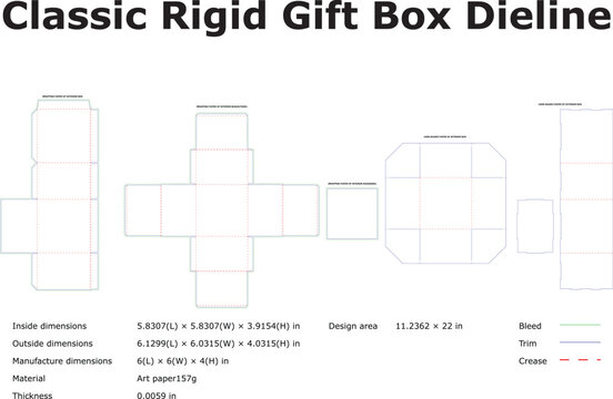 A detailed vector illustration of a classic rigid gift box dieline design for packaging and manufacturing purposes
