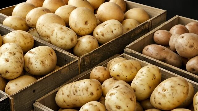 Colorful varieties of fresh potatoes are arranged neatly in wooden crates, showcasing their natural textures and colors