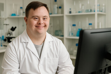 A man with Down syndrome wearing a white lab coat in a laboratory looking at a computer screen. He's proud and smiling. Realistic photo.