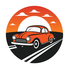 Retro Car on Road SVG – Vintage Background Vector Illustration

