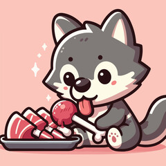 vector image of cute wolf eating meat
