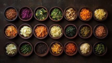 A vibrant array of assorted Asian side dishes, meticulously arranged in dark wooden bowls against a rustic backdrop.  A culinary masterpiece showcasing diverse textures and colors.